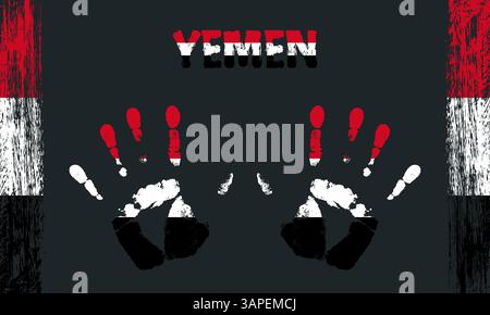 Vector flag of Yemen in the form of peaceful palms with text and brush strokes on a black background Stock Vector