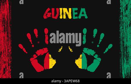 Vector flag of Guinea in the form of peaceful palms with text and brush strokes on a black background Stock Vector