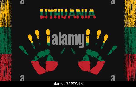 Vector flag of Lithuania in the form of peaceful palms with text and brush strokes on a black background Stock Vector