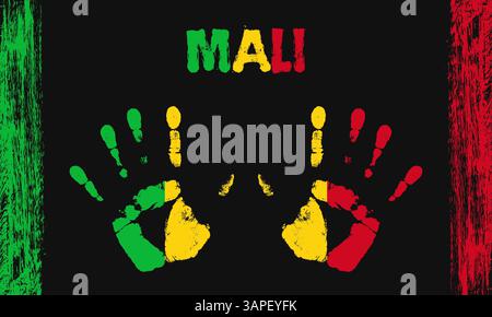 Vector flag of Mali in the form of peaceful palms with text and brush strokes on a black background Stock Vector
