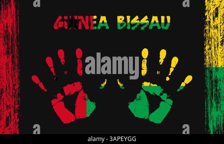 Vector flag of Guinea Bissauin the form of peaceful palms with text and brush strokes on a black background Stock Vector