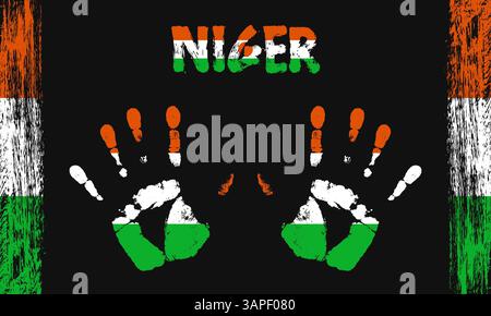 Vector flag of Niger in the form of peaceful palms with text and brush strokes on a black background Stock Vector