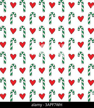 Vector seamless pattern of hand drawn sketch doodle colored Christmas candies and heart isolated on white background Stock Vector