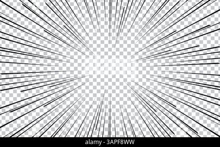 Manga action frame Motion radial lines isolated on transparent background Abstract explosion template banner Black and white monochrome vector retro i Stock Vector