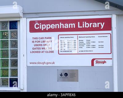 Slough, UK. 16th April, 2025. Cippenham Library in Cippenham, Slough, Berkshire is at risk of being closed down. Slough Borough Council who are effectively bankrupt, are looking at closing down the library as well as the library in Langley, Slough. 1939 residents have signed an e-petition against the possible library closures. Credit: Maureen McLean/Alamy Live News Stock Photo