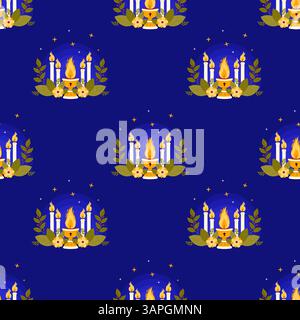 Religion Seamless Pattern. Church Chalice with Fire, burning Candles with Flowers and leaves on Blue Background. Sacred Flame. Vector Illustration. Ca Stock Vector
