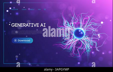 Futuristic generative ai technology background with glowing abstract neural network, blue energy sphere, and vibrant electric light trails data flow Stock Vector