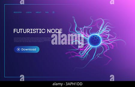 Futuristic node concept with glowing blue energy sphere, abstract neural connections, and vibrant electric light trails on a purple gradient Stock Vector