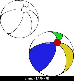 Colorful beach ball vector illustration. Graphic line ink White, red, yellow and blue beach ball isolated on white background. For logo, web, package, Stock Vector