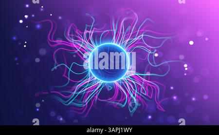 Glowing blue energy sphere with vibrant electric light trails, abstract neural connections, and dynamic electromagnetic waves on a purple gradient Stock Vector