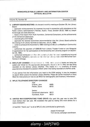 This 1985 bulletin from the Minneapolis Public Library offers weekly ...