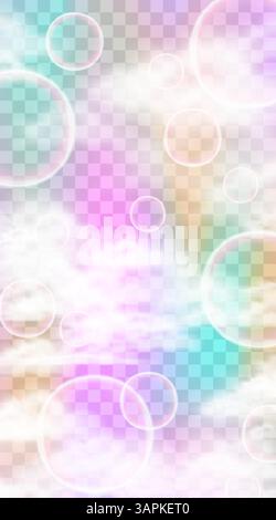 Pastel dreamy background with rainbow gradient, clouds and glowing circles Stock Vector