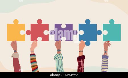Different hands holding puzzle pieces as symbol of unity teamwork inclusion and collaboration Stock Vector