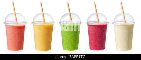 set of various colorful smoothies in take away cups isolated on white background Stock Photo