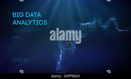 Big data analytics visualization with glowing blue wave of circular digital particles on dark background, abstract data sphere and futuristic network Stock Vector