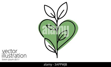 Heart-shaped plant leaves eco logo. Leaves and organic green farming. Good eco-friendly products, sustainable business and nature theme. Vector line Stock Vector