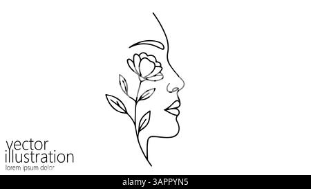 Line art woman profile with flower. Botanical elements accentuating natural beauty. Ideal for cosmetics branding or spa design. Minimalist drawing Stock Vector