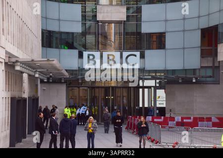 London, UK. 15th April 2025. Exterior view of Broadcasting House, the BBC headquarters in central London. Credit: Vuk Valcic/Alamy Stock Photo