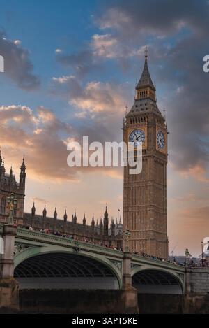 Elizabeth Tower and Westminster Bridge Over the River Thames at Sunrise Stock Photo