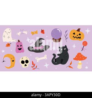 Cute Halloween-themed illustrations featuring a black cat, pumpkin, ghost, witch hat, candy, mushrooms, and other spooky elements on a purple Stock Vector