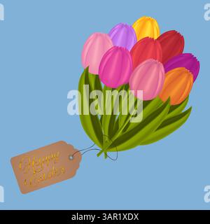 A festive 3D brightly colored bouquet of tulips. Happy Easter tag. Lovely fresh spring flowers on a blue background. Vector drawing. Stock Vector