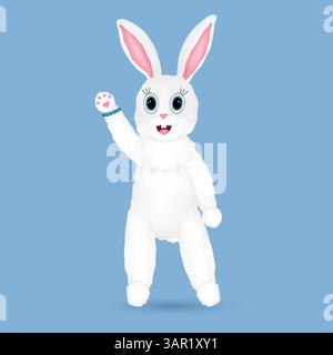 White anthropomorphic 3D character Easter Bunny with big blue eyes waving his paw on a blue background. Bracelet with Easter inscription. Stock Vector