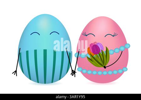 Adorable couple of blue and pink anthropomorphic 3D Easter eggs characters featuring Happy family holding hands bouquet of fresh spring flowers tulips Stock Vector