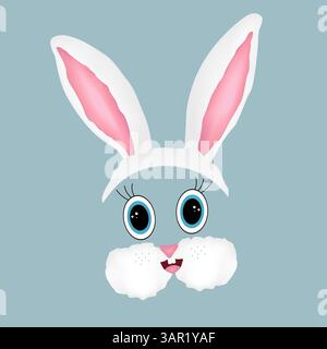 Easter bunny 3D character face with big blue eyes, pink ears, and smiling on a gray background. Vector color drawing. Perfect for holiday greetings Stock Vector
