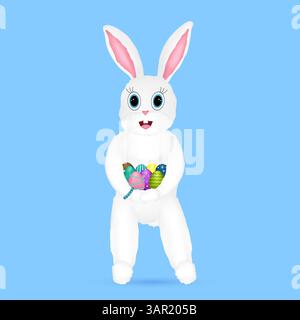 Adorable white Easter bunny 3D character with big blue eyes and smile holding a collection of decorated Easter eggs on a blue background. Vector Stock Vector