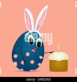 Cute anthropomorphic 3D character Easter Egg smiling with Bunny Ears, and turquoise eyes Celebrating with a Festive Easter cake on peach background. Stock Vector