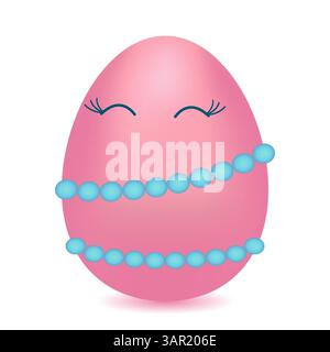 Anthropomorphic 3D character pink happy Easter egg woman wearing beads on a white background. Vector color drawing. Perfect for holiday greetings Stock Vector