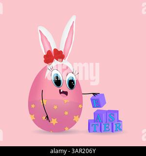 Adorable anthropomorphic girl pink Easter egg 3D character with bunny ears and red bow, with blue eyes, stacking purple blocks with the word EASTER Stock Vector