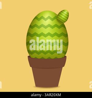 An 3D green Easter egg, stylized as a cactus, painted zigzag, growing in a brown flower pot on a mustard background. Vector color drawing. Stock Vector