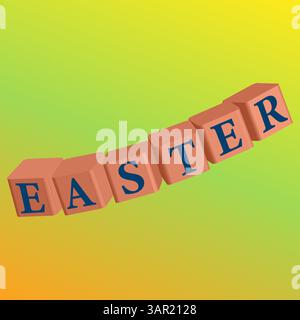 Orange 3D cubes labeled Easter. Multicolored gradient background. Vector color drawing. Perfect for holiday greetings and festive designs. Stock Vector