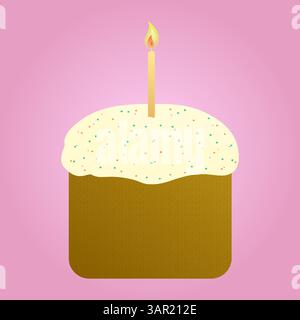 Traditional National Religious Easter cake - kulich - with frosting, sprinkles, and a lit candle on a pink background. Vector drawing. Stock Vector