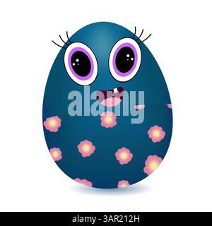 Anthropomorphic 3D character smiling Easter egg toddler with purple eyes in blue pants decorated with flowers on a white background. Vector drawing. Stock Vector
