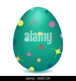 3D turquoise Easter egg is decorated with multicolored stain and patterns on a white background. Vector color drawing. Perfect for holiday greetings Stock Vector