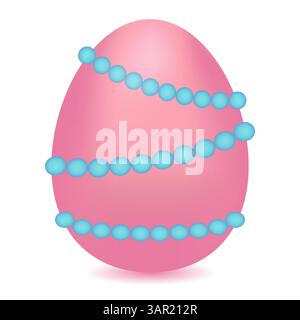 3D soft pink Easter egg ornate with blue beads on a white background. Vector color drawing. Perfect for holiday greetings and festive designs. Stock Vector