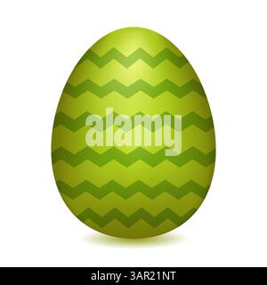 3D green Easter egg decorated with a zigzag pattern on a white background. Vector color drawing. Perfect for holiday greetings and festive designs. Stock Vector