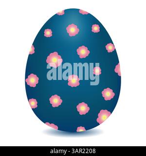 3D blue egg ornate with pink delicate spring flowers on a white background. Vector color drawing. Perfect for holiday greetings and festive designs. Stock Vector