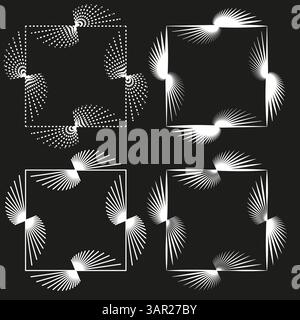 Square frames with rays. Vector radial patterns. White on black background. Varied line style. Stock Vector