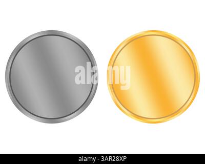 Golden coin shape. Silver coin surface. Glossy vector buttons. Metallic circle element. Stock Vector