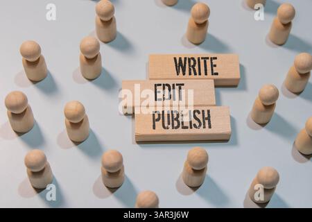 The words Write Edit Publish written in black letters on wooden blocks, flat lay. Business and education concepts Stock Photo