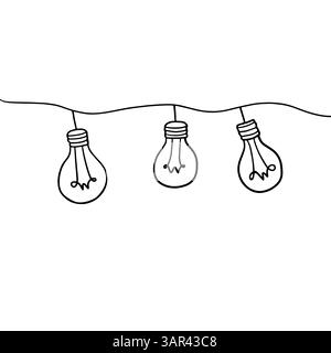 Hand drawn light bulb is hanging in abstract doodle line style, in vector illustration Stock Vector