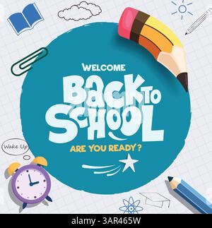 Welcome back to school template clipart. Back to school greeting text clip art in blue circle space with educational elements, supplies and items Stock Vector