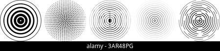 Black concentric circles set. Rippled and dashed sound wave rings collection. Epicenter, target, radar, sonar icon concept. Radial radio signal or vibration elements. Linear halftone symbols. Vector Stock Vector
