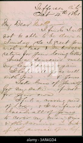 In this letter, dated October 4, 1861, James E. Love writes to Molly, expressing concern over the unattached status of his regiment and the health of Colonel Robert White. The letter sheds light on military life and the personal anxieties of the time during the Civil War. Missouri Historical Society. Missouri Historical Society. Stock Photo