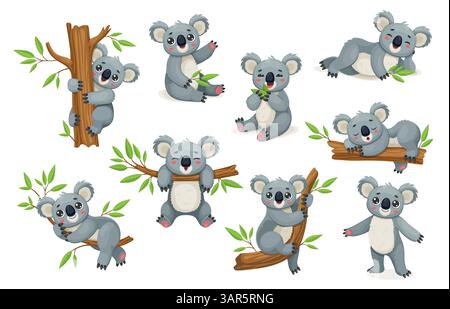 Cartoon funny koala bear characters climbing trees, eating eucalyptus leaves, and sleeping on branches. Vector set captures the charm of cute Australian koala animals with playful kawaii expressions Stock Vector