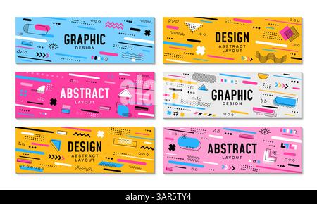 Geometric Memphis banners with abstract modern color shapes and elements, vector backgrounds. Memphis pattern banners set with retro geometric or Y2K isometric elements and minimal figures design Stock Vector
