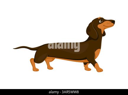 Cartoon dachshund dog or puppy with happy muzzle face vector pet animal character. Funny Dachshund or sausage dog puppy on walk for kids animal mascot or cute cheerful pet character Stock Vector